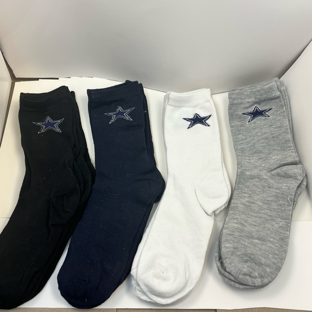 12 Pair Men's Dallas Cowboys Star Embroidered Socks - Black, Navy, White, Gray